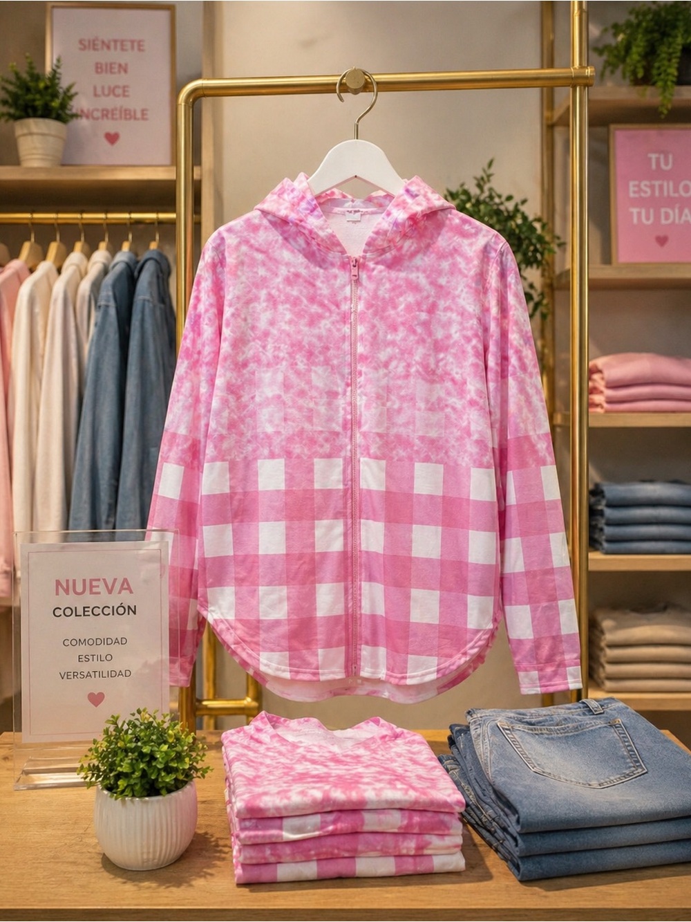 NEW Pink Tie-Dye & Gingham Hooded Zip Jacket - Unbranded